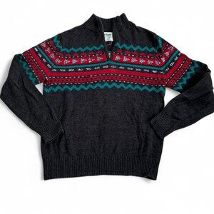 Men’s Fair Isle Quarter Zip Sweater Cotton Red Turquoise Large